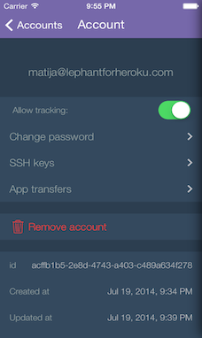 Screenshot of Account screen in Le Phant for Heroku (iOS). Add SSH key, change password, manage your privacy (aka allow tracking).